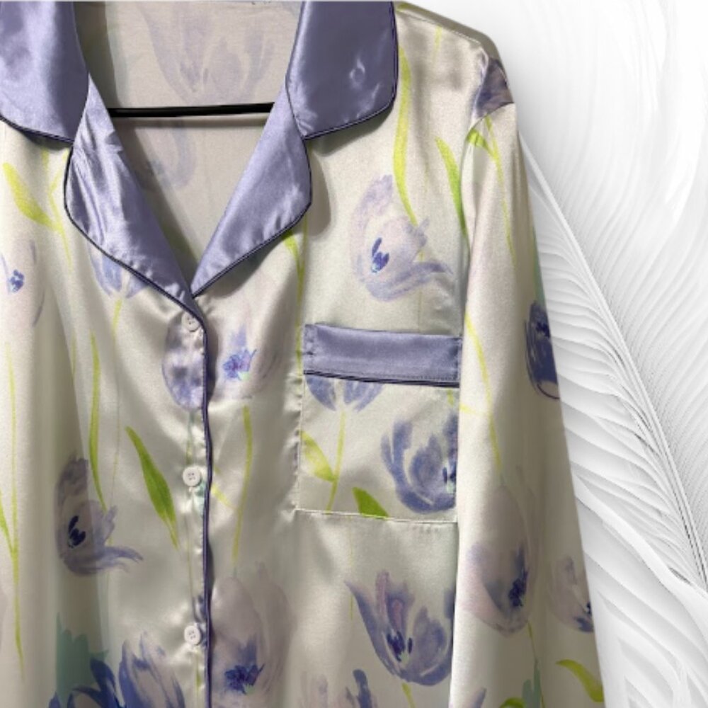 Women’s Satin Pajama Set L – Floral Print Button Top & Pants (Light Purple/Blue) - Picture 8 of 9